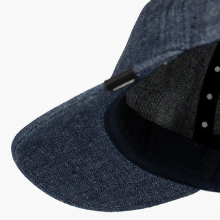 detail underbrim view of ciele athletics CRWCap short brim unisex running hat with shorter brim from the Lifestyle Edition collection, in denim indigo color