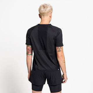 back view of the ciele athletics lightweight, race ready and performance driven T-Shirt for womens named RCDTShirt in shadowsphinx color, on a model